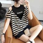 Short-sleeve Off-shoulder Lettering Striped T-shirt
