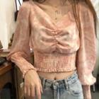Long-sleeve V-neck Tie-dyed Cropped Top
