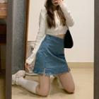 Cropped Cardigan / Fitted Denim Mini Skirt