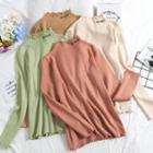 Long-sleeve Mock Neck Letter Embroidered Knit Top