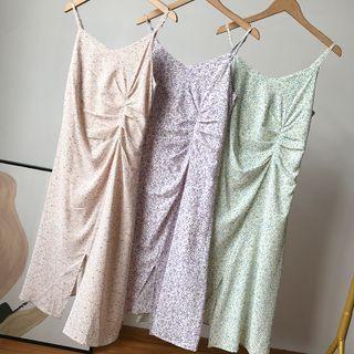 Spaghetti-strap Floral Shirred Side-slit Dress
