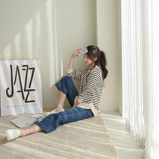 Raglan-sleeve Round-hem Striped Sweatshirt