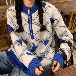 Mock-neck Heart Pattern Half-zip Sweater