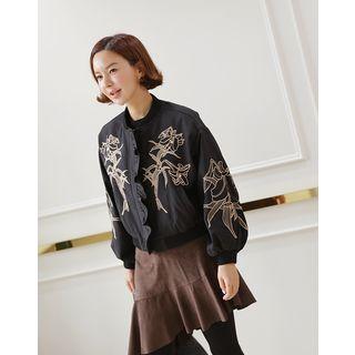 Frill-trim Floral Embroidery Bomber Jacket