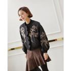 Frill-trim Floral Embroidery Bomber Jacket