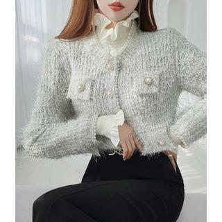 Faux-pearl Trim Furry Knit Cardigan