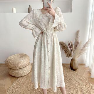 Faux-pearl Accent Bell-sleeve Square Neck Dress