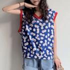 Contrast Trim Flower Tank Top Top As Shown In Figure - One Size