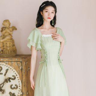 Short-sleeve Square-neck Lace-up Midi A-line Dress