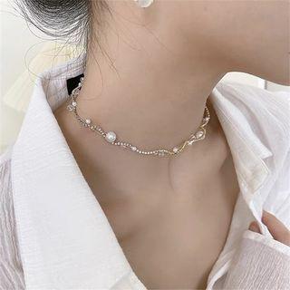 Wavy Rhinestone Faux Pearl Alloy Choker D232 - Silver - One Size