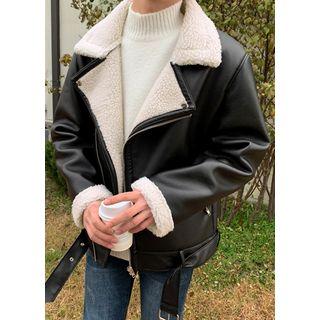 Belted Faux-shearling Rider Jacket Black - One Size