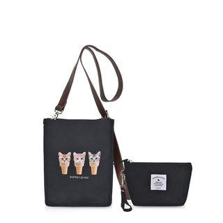 Cat Print Shoulder Bag With Pouch Cat - Black - One Size