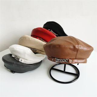 Chained Faux Leather Beret Hat