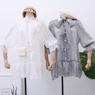 Faux-pearl Ruffled Mesh Dress With Camisole