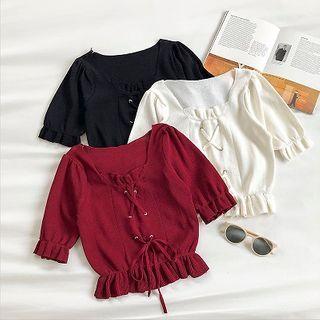 Plain Square-neck Lace-up Short-sleeve Top