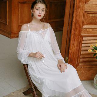 Set: Slipdress + Long-sleeve Lace Embroidered Dress