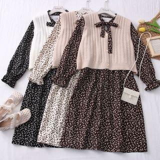V-neck Vest / Floral Bow A-line Dress