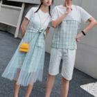 Couple Matching Mesh Panel Short-sleeve T-shirt Dress / Plaid Panel Short-sleeve T-shirt / Shorts