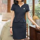 Short Sleeve Split Neck Peplum Dress