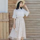 Set: Plain Elbow-sleeve Blouse + Flower Print Midi A-line Skirt