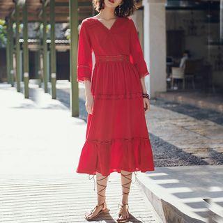 3/4-sleeve Crochet Lace Trim Midi A-line Dress