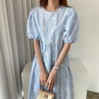 Puff-sleeve Floral Embroidered Dress