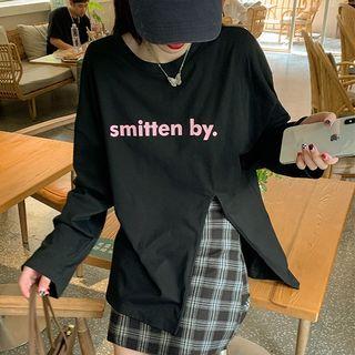 Long Sleeve Lettering Print Slit T-shirt