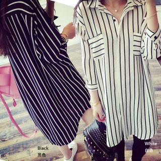 3/4-sleeve Striped Midi Shirt Dress