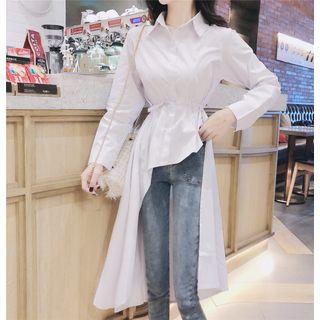 Asymmetric Hem Tie Waist Shirt White - One Size