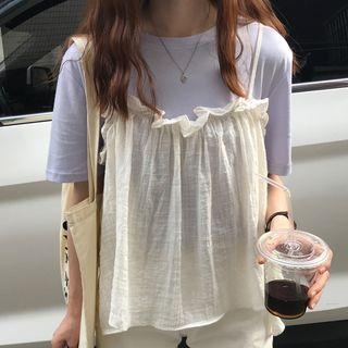 Plain Short-sleeve T-shirt / Frilled Trim Camisole Top