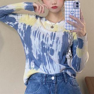 Long-sleeve Tie-dye Knit Top Print - Blue & White & Yellow - One Size