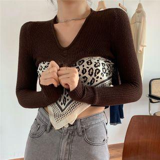 Camisole Top / Long-sleeve Knit Crop Top / Leopard Print Scarf