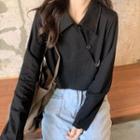 Long-sleeve Collared Asymmetrical Button-up Crop Top