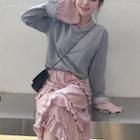 Ruffle Trim Long-sleeve T-shirt / Midi Skirt T-shirt - Gray - One Size / Dress - Pink - One Size