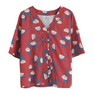 Flower Print Short-sleeve V-neck Blouse As Shown In Figure - One Size