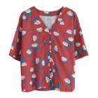Flower Print Short-sleeve V-neck Blouse As Shown In Figure - One Size