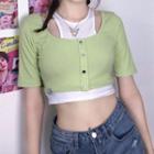 Mock Two-piece Short-sleeve Buttoned Crop Top