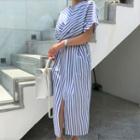 Short-sleeve Striped Bow-back Midi A-line Dress Stripe - Blue - One Size
