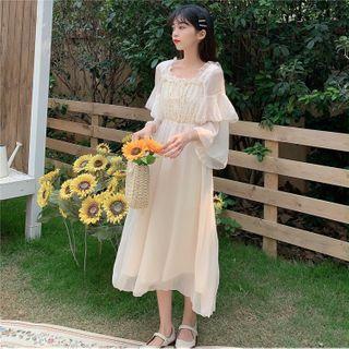 Puff-sleeve Shirred Midi A-line Chiffon Dress White - One Size