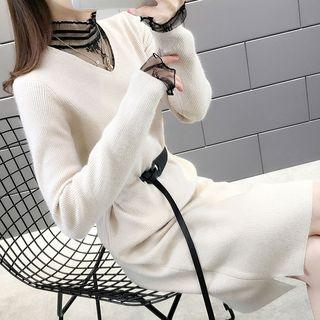 Belted Lace Collar Midi Sweater Dress