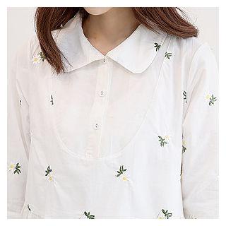 Elbow-sleeve Flower-embroidered Shirtdress