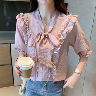Ribbon Ruffled Puff-sleeve Blouse