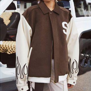 Two-tone Letter Embroidered Button Jacket