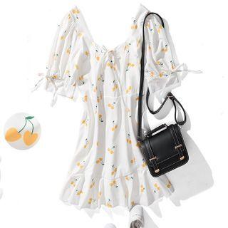 Balloon-sleeve Cherry Print A-line Dress