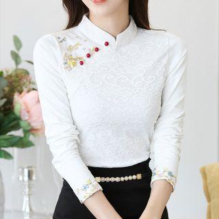 Embroidered Long-sleeve Mandarin Collar Top