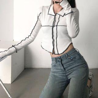 Long Sleeve Paneled Contrast-trim Crop Polo Top