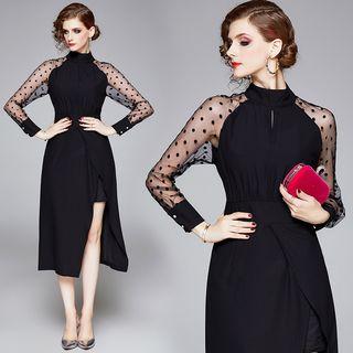 Dotted Mesh-sleeve Keyhole Midi A-line Dress
