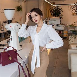 Tie-neck Smocked-hem Blouse Ivory - One Size