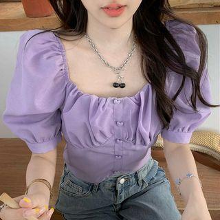 Puff-sleeve Square-neck Ruched Shirt