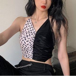 Print Panel Cropped Camisole Top / Lace Panel Straight Leg Pants